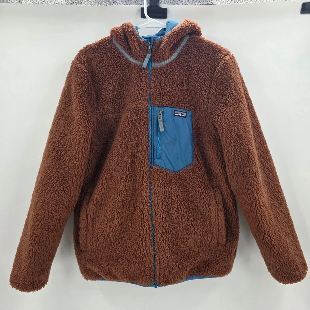 PATAGONIA REVERSIBLE HOODIE KIDS XXL 16-18 2XL BLUE BROWN READY FREDDY JACKET
